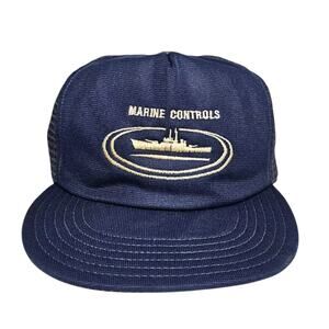 Vtg Marine Controls Trucker Hat Snapback Nautical Embroidered Battleship Blue